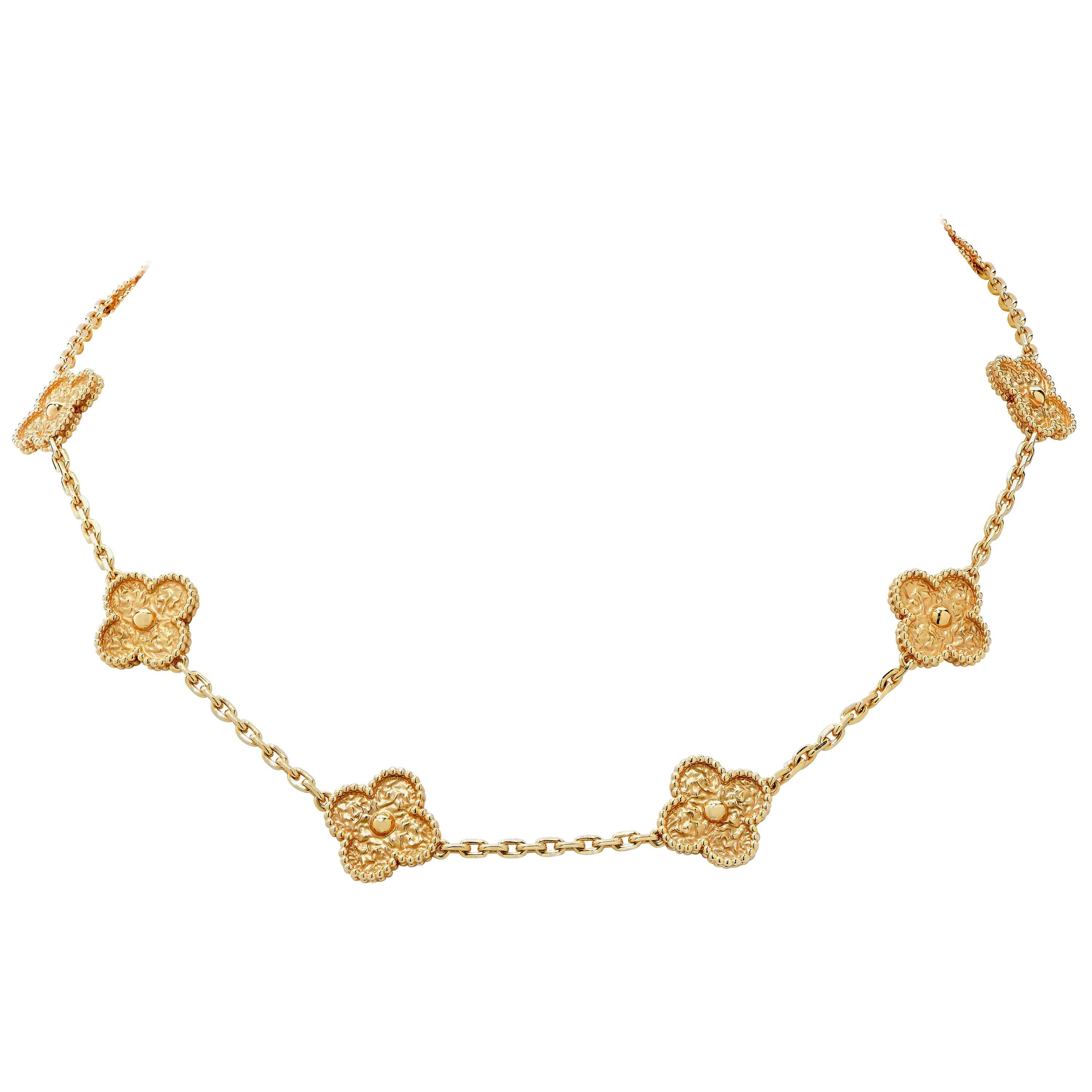 Van Cleef and Arpels Vintage Alhambra 10 Motif 18 Karat Yellow Gold Necklace