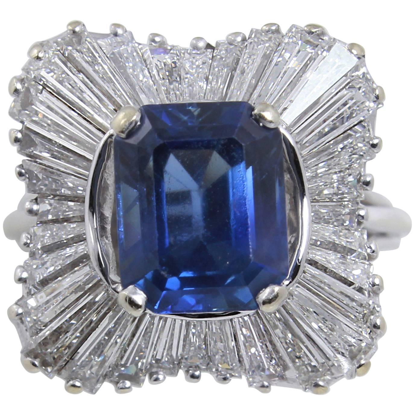 18kt White Gold 3 1/2 ct Sapphire and 4 ct Baguette Diamond Ballerina Style Ring For Sale