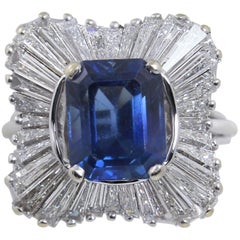 Vintage 18kt White Gold 3 1/2 ct Sapphire and 4 ct Baguette Diamond Ballerina Style Ring