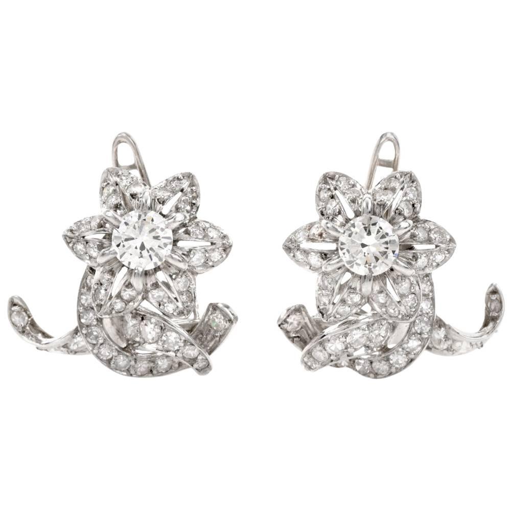 1950s Diamond Platinum Floral Motif Clip-On Earrings