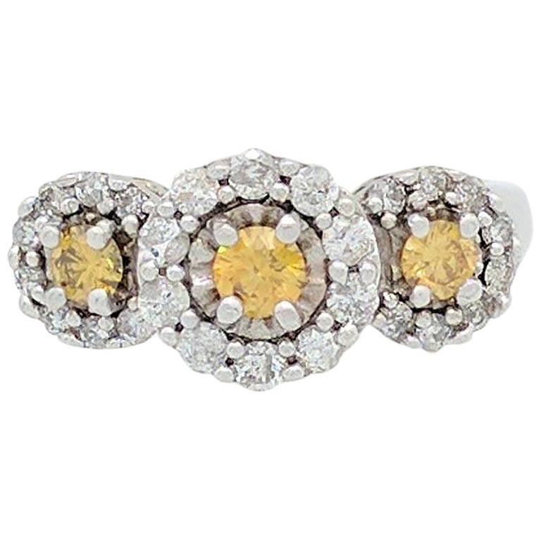 14KWG Fancy Yellow and White Diamond Three-Stone Halo Right Hand Ring 1 Carat