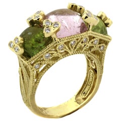 Stambolian Multi-Color Cabochon Tourmaline Gold and Diamond Ring