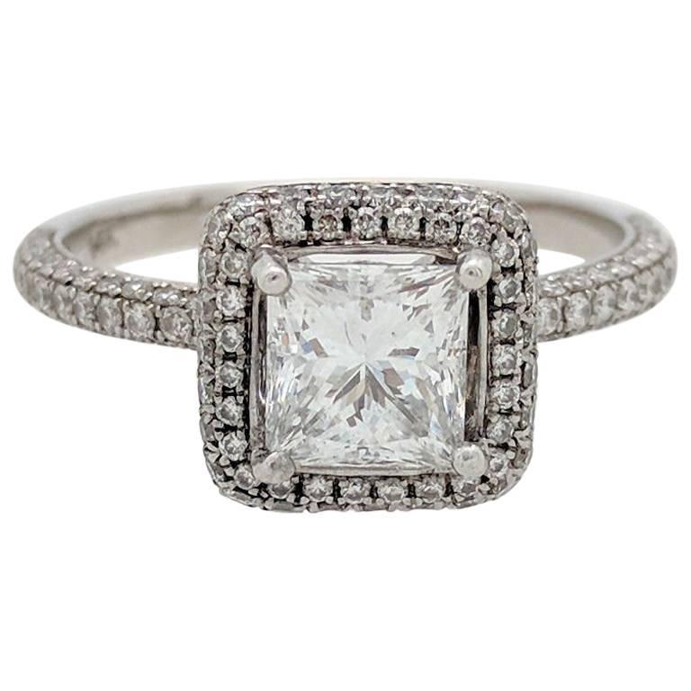 1.06 Carat Princess Cut Natural Diamond Halo Ring GIA Certified VVS2/E