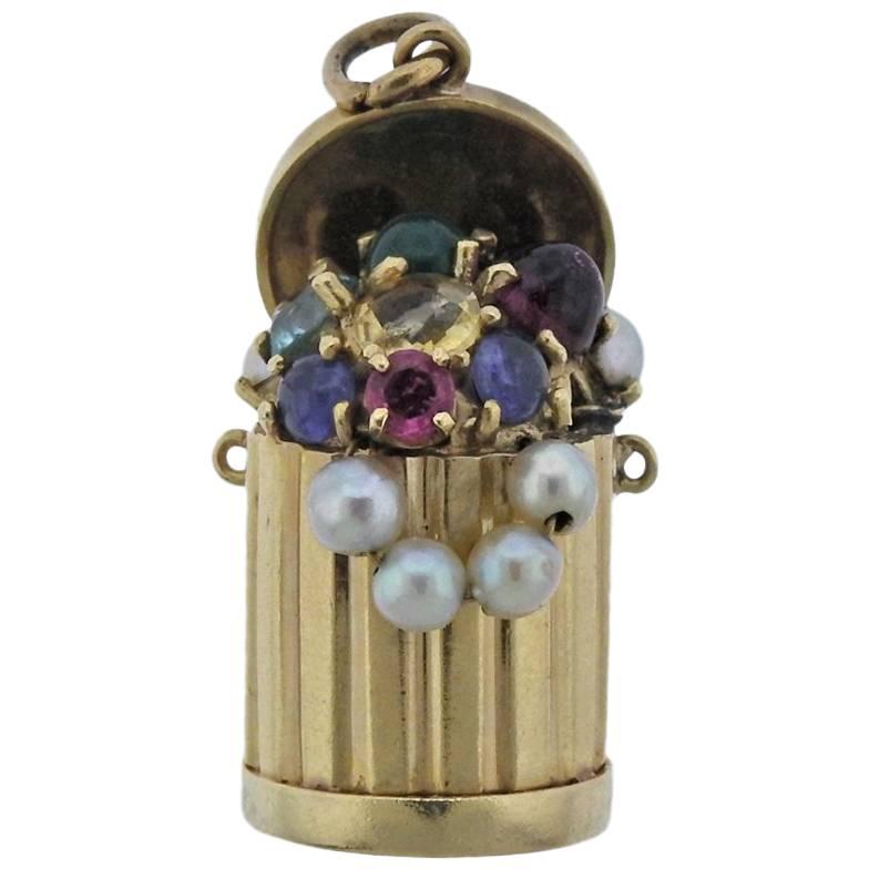 Midcentury Pearl Ruby Sapphire Emerald Gold Trash Can Charm