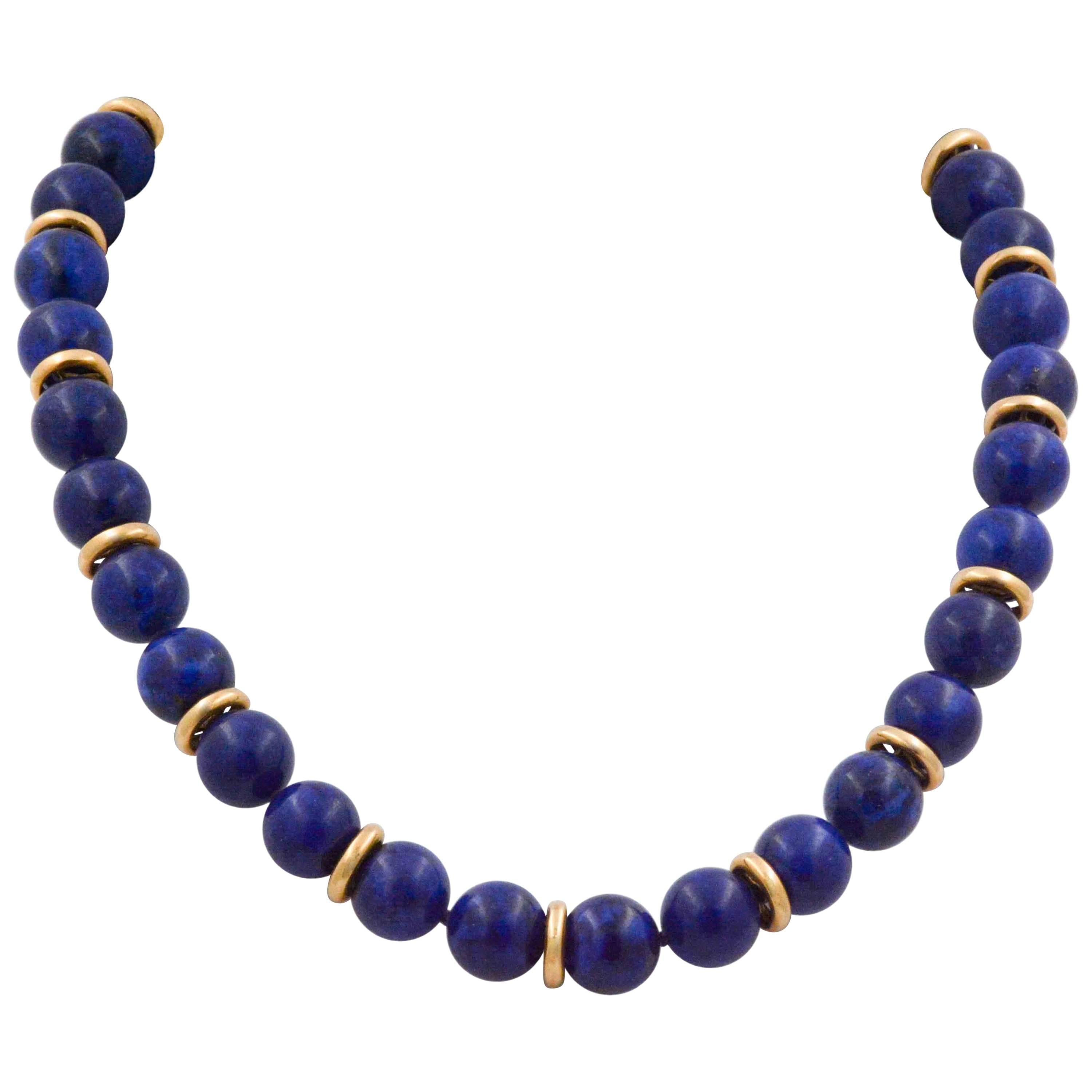 Lapis Lazuli Bead Necklace with 14 Karat Yellow Gold
