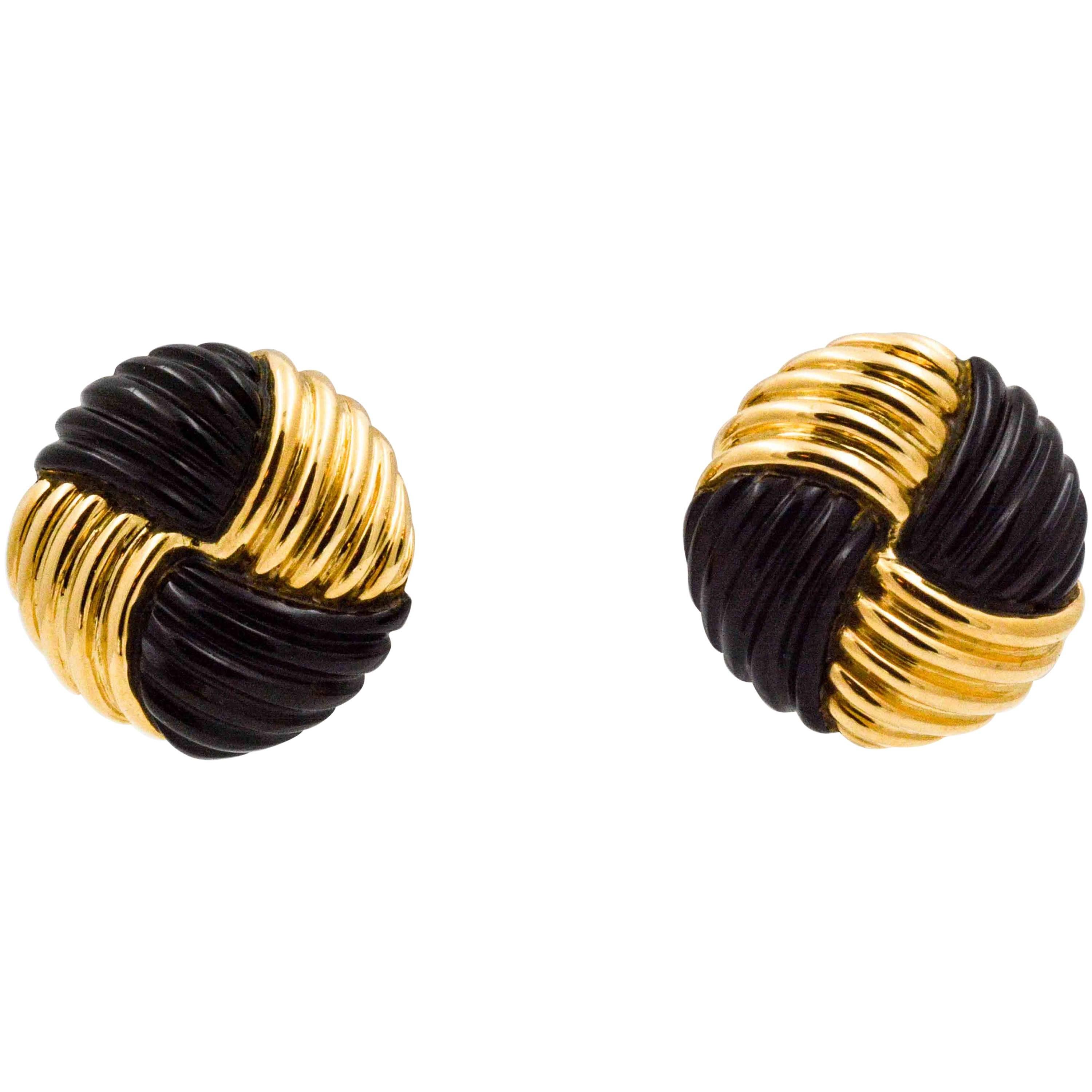 14 Karat Yellow Gold Black Onyx Swirl Clip Earrings