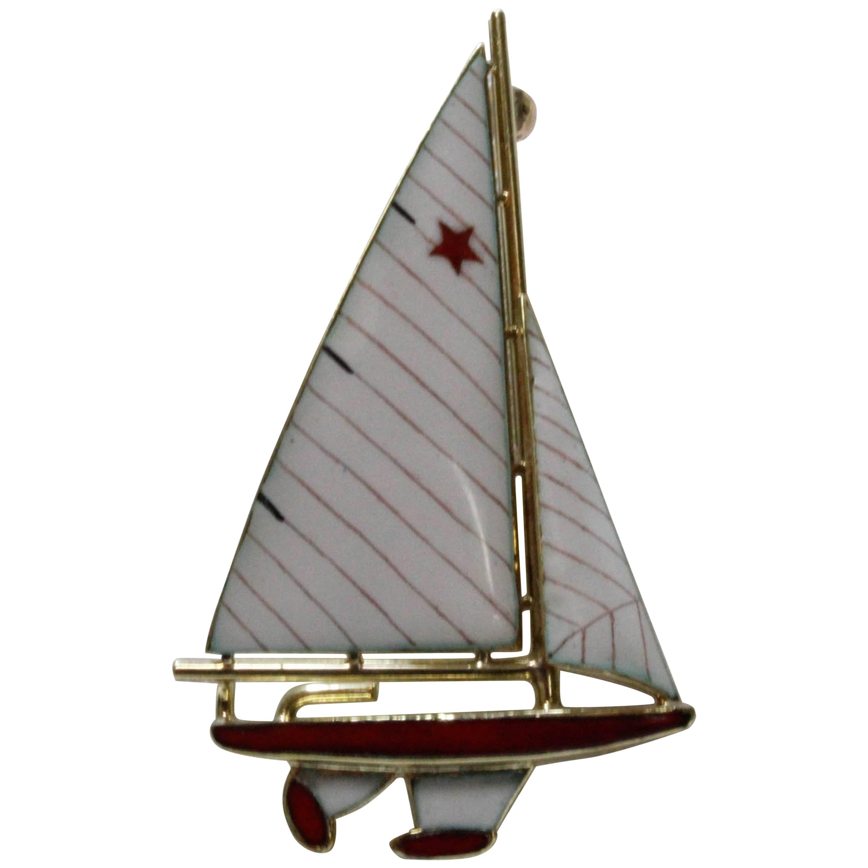 14 Karat Yellow Gold and Enamel Red and White Sailboat Brooch/Pin For Sale
