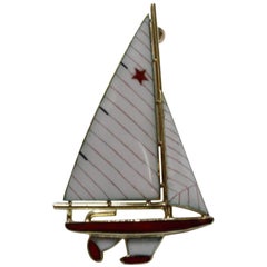 14 Karat Yellow Gold and Enamel Red and White Sailboat Brooch/Pin