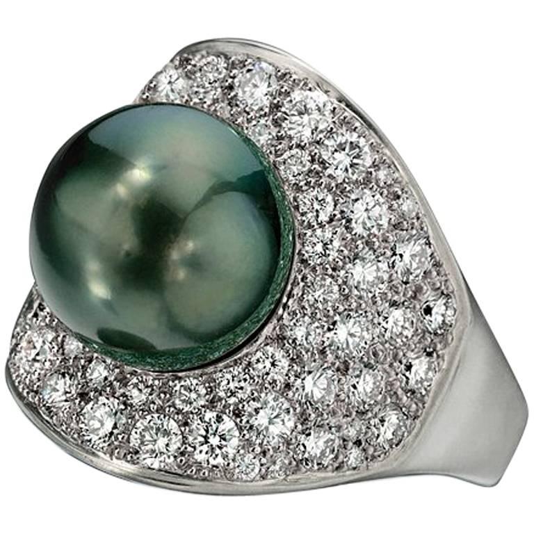 Wendy Brandes South Sea Pearl 1.90 TCW Diamond Halo Ring in Brushed Platinum For Sale