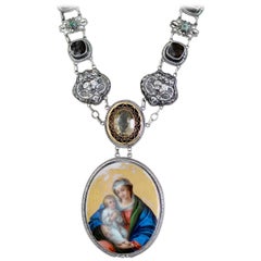 Jill Garber Antike heilige französische Portrait-Halskette mit Topas und Türkis