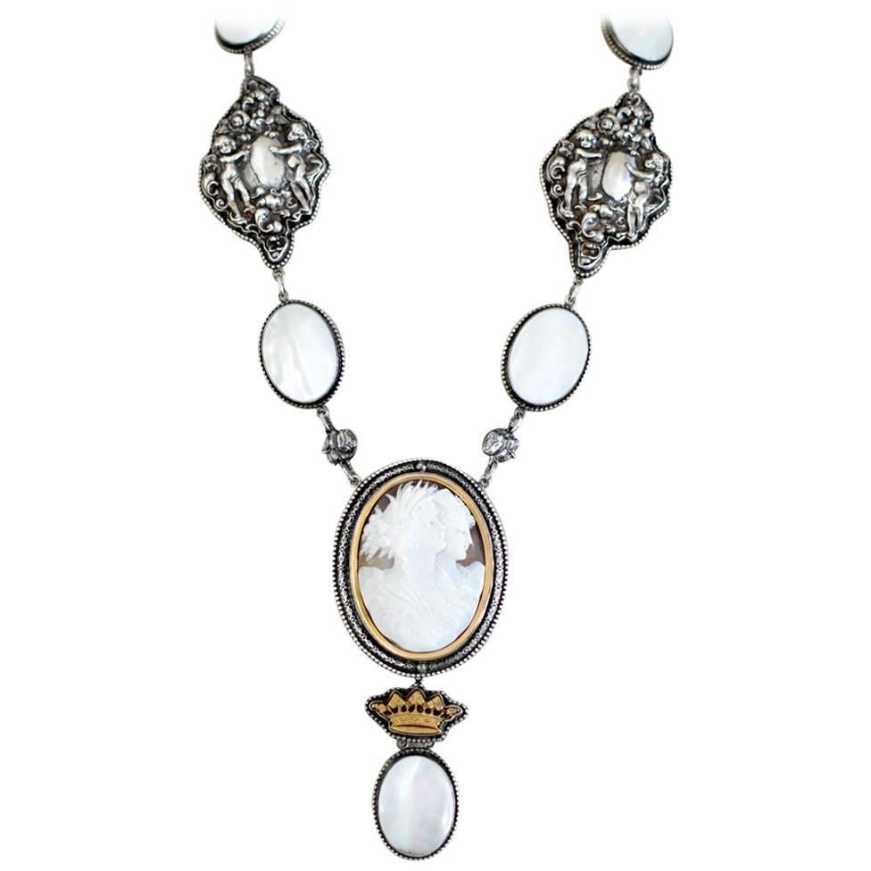 Jill Garber Goddesses Cameo with Mother-of-Pearl and Repousse Drop Necklace For Sale