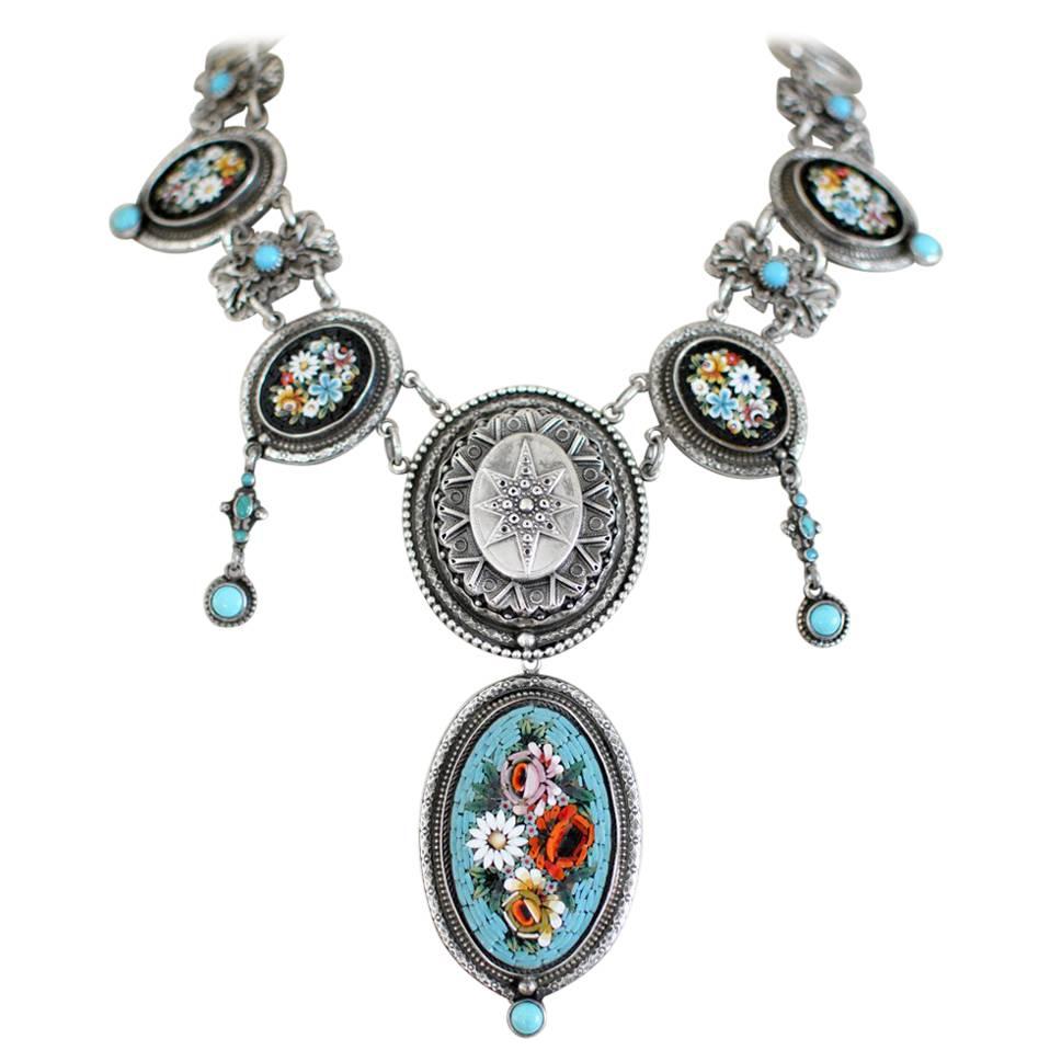 Jill Garber Fine Antique Venetian Micro Mosaic Turquoise Festoon Drop Necklace