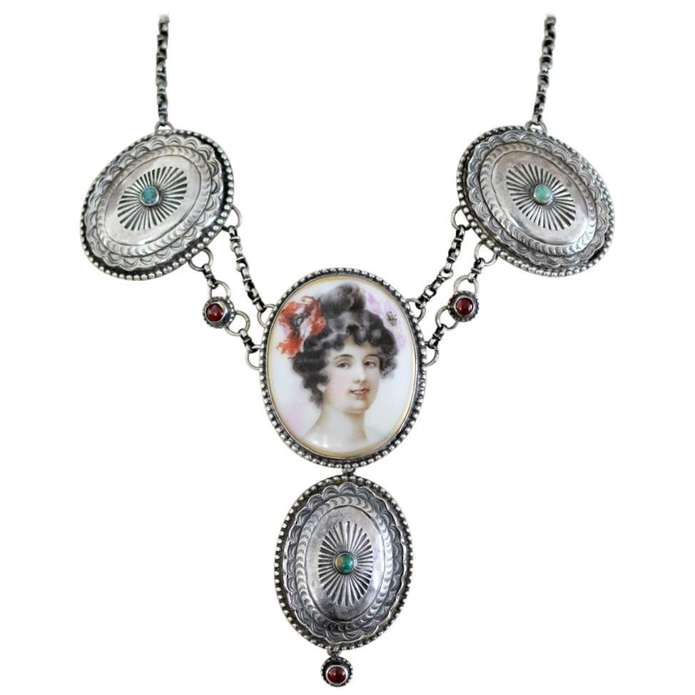 Jill Garber Goddess Portrait Festoon Necklace with Navajo Concho's and Garnets For Sale