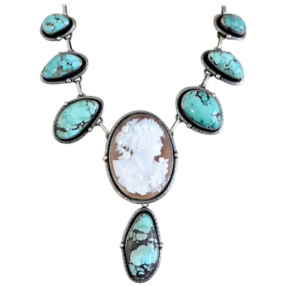 Jill Garber Fine Antique Goddess Cameo with Natural Turquoise Festoon Necklace