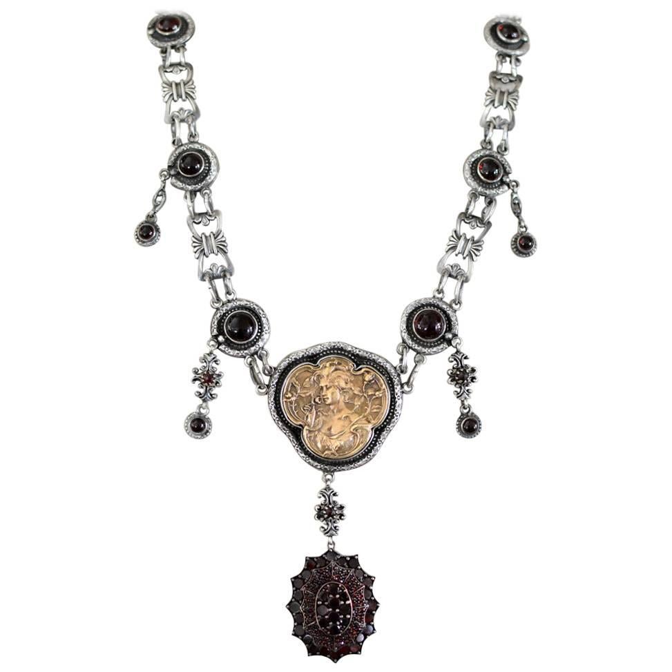 Jill Garber Bohemian Garnet Victorian Locket Modern Necklace