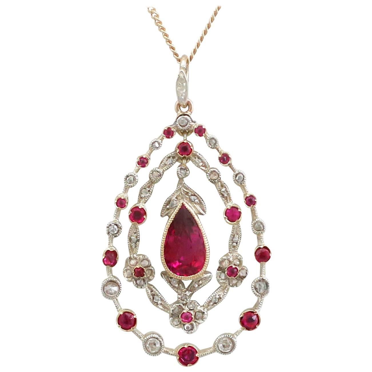 1910s Antique 1.88 Carat Ruby and Diamond Yellow Gold Pendant
