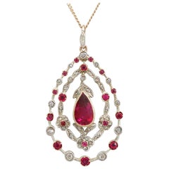 1910s Antique 1.88 Carat Ruby and Diamond Yellow Gold Pendant