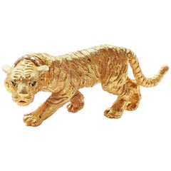 Vintage Tiffany & Co. Diamond Emerald Tiger Yellow Gold Pin Brooch