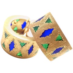 Buccellati Blue and Green Enamel Yellow Gold Hoop Earrings