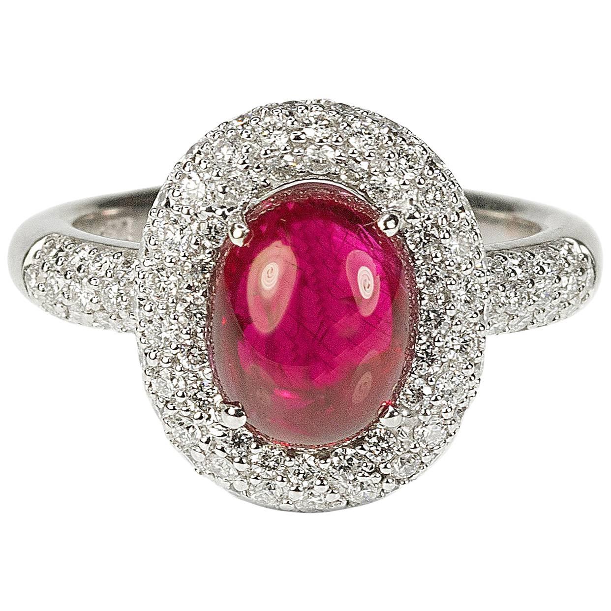 3.24 Carat Cabochon Ruby Diamond Ring For Sale