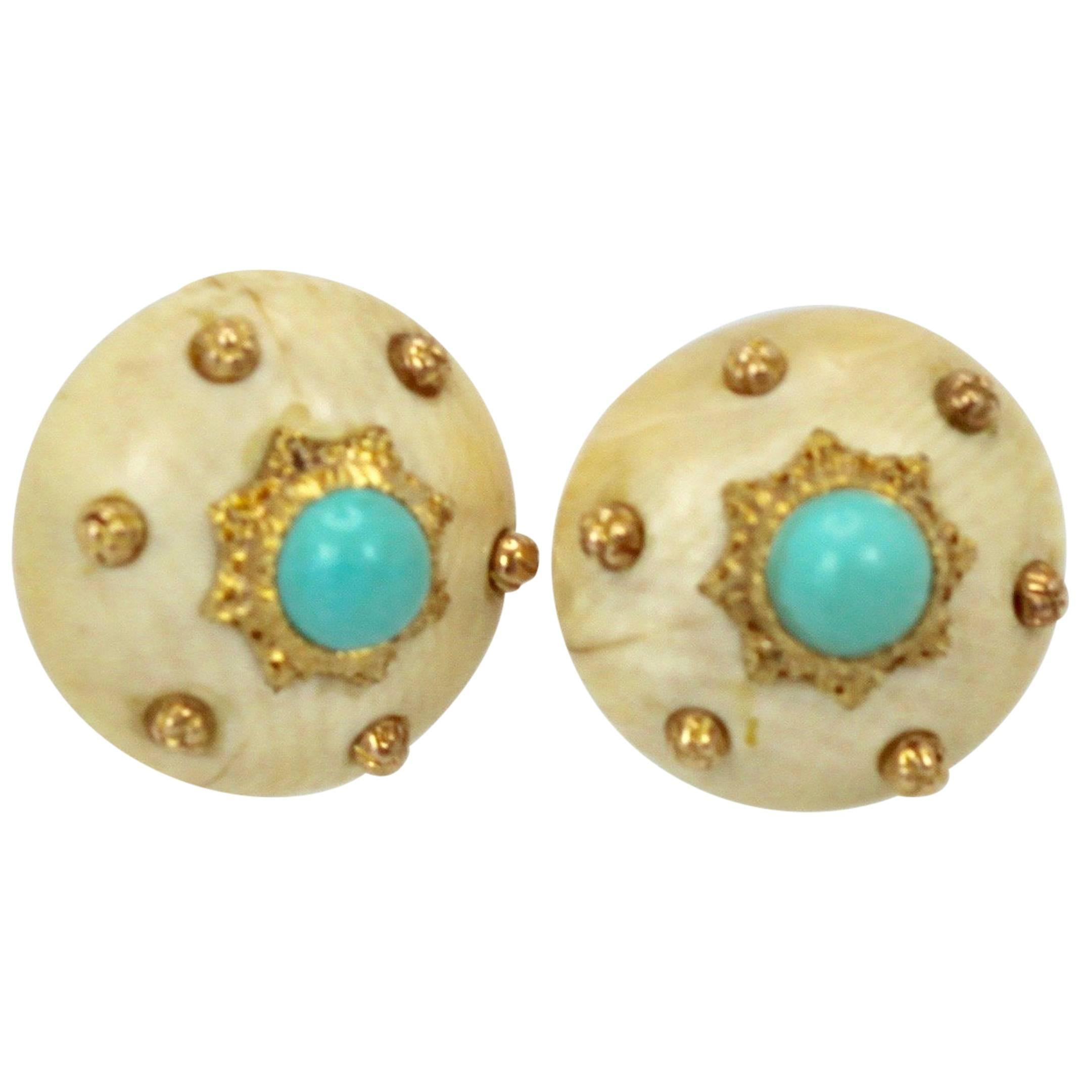 Mario Buccellati 18 Karat Textured Brushed Gold Earrings Turquoise