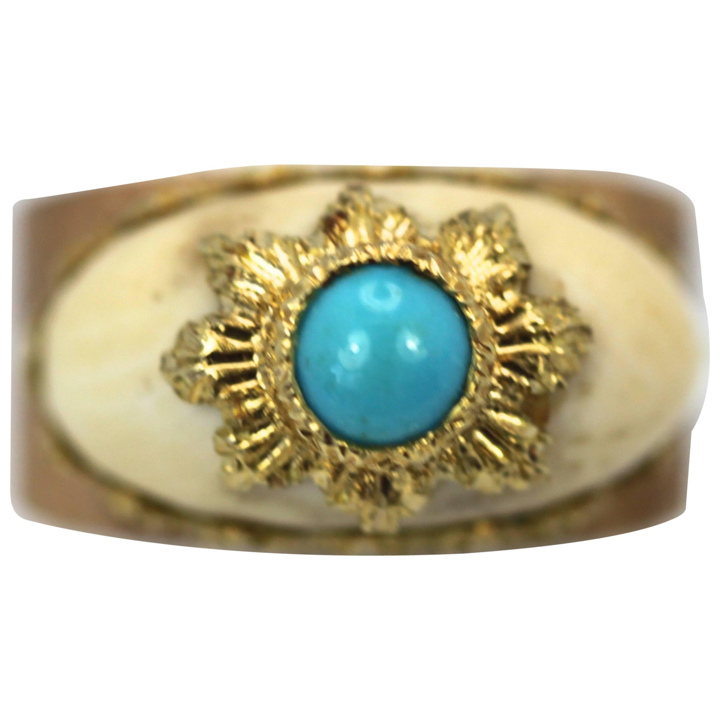 Mario Buccellati 18 Karat Textured Brushed Gold Ring Turquoise For Sale