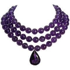 Amethyst Three-Strand Separable Bead Necklace Detachable 40 Carat Amethyst Drop