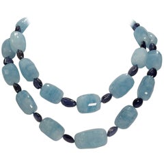  Large 1, 000 carats Aquamarine and Kyanite Double Separable Gold Clasp Necklaces