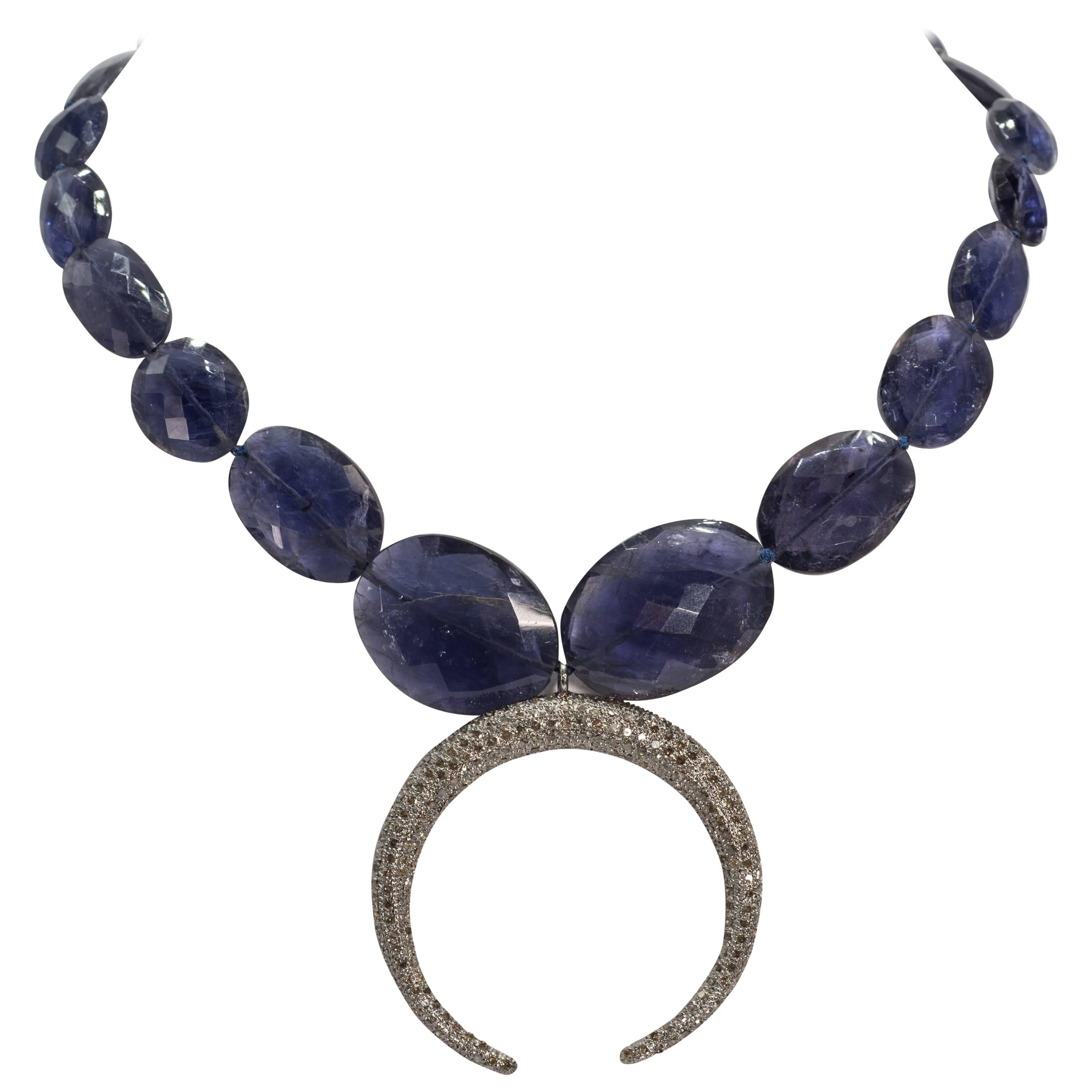 Blue  Kyanite Faceted Bead Steel Grey Diamond Crescent Necklace
