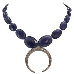 Blue  Kyanite Faceted Bead Steel Grey Diamond Crescent Necklace