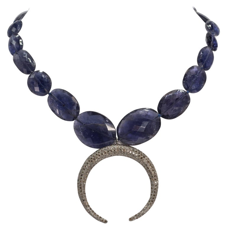 Blue Kyanite Faceted Bead Steel Grey Diamond Crescent Necklace at 1stdibs