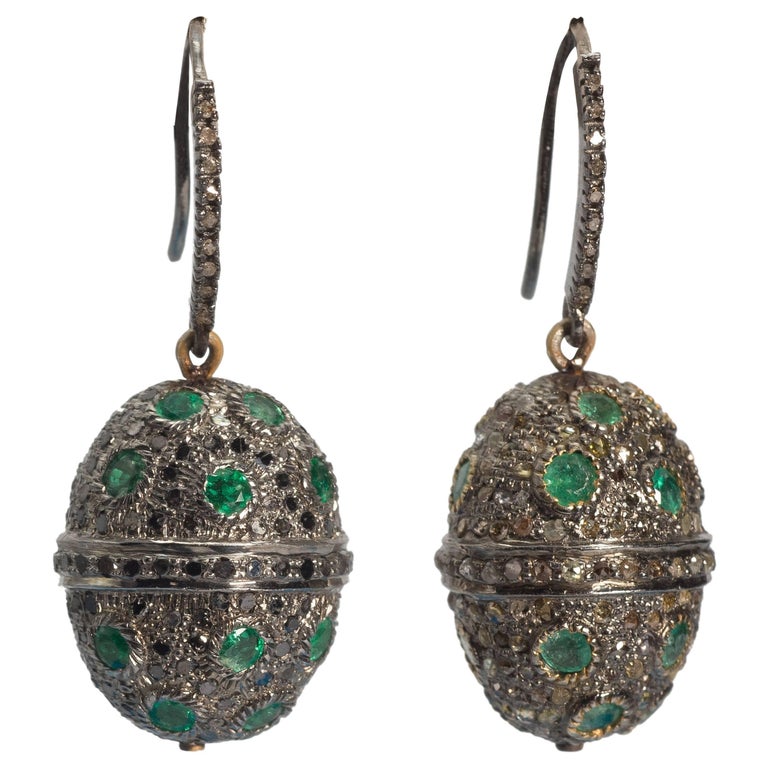Amazing Faux Diamond Large Cabochon Emerald Drop Earrings at 1stdibs