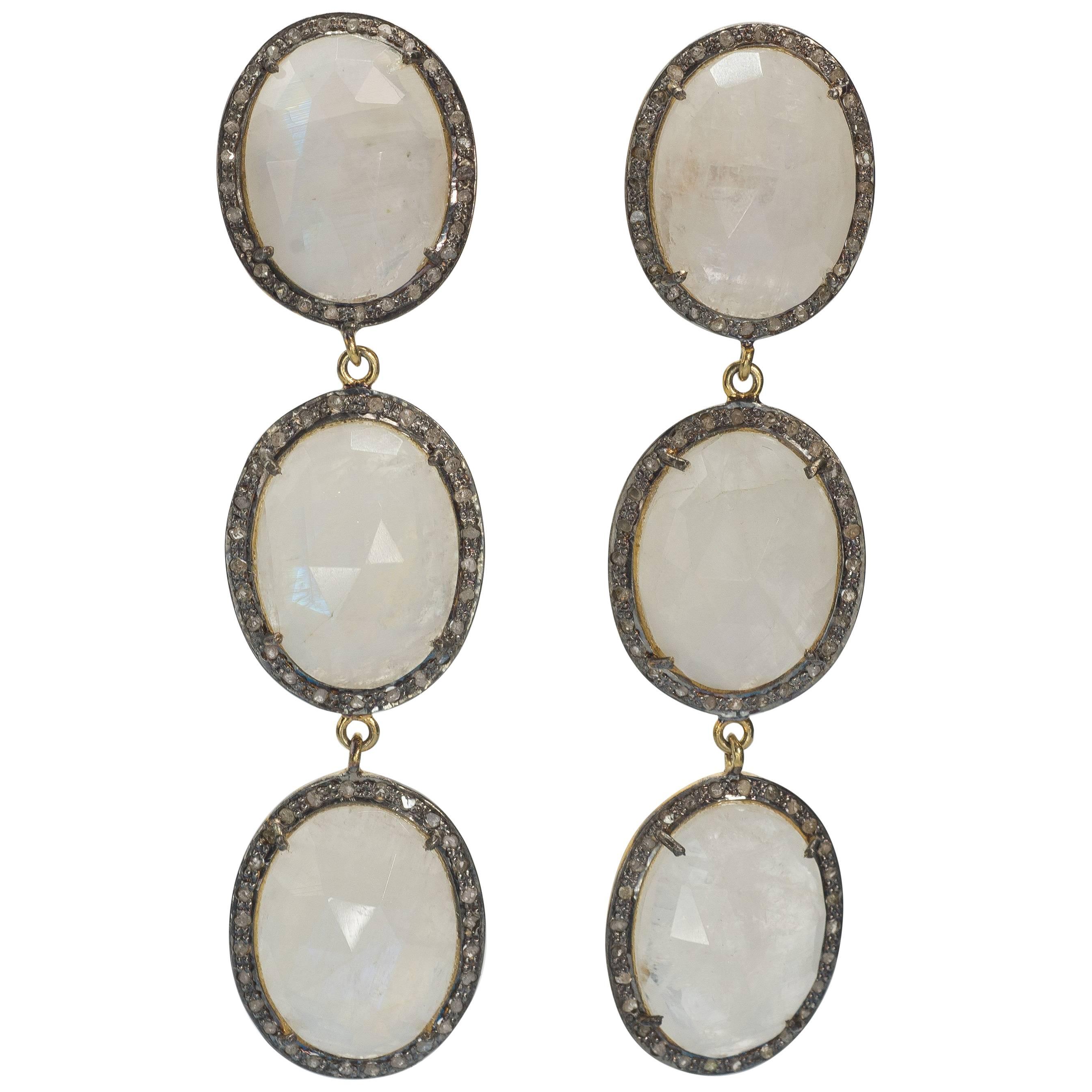 Triple Natural Faceted Moonstone Antique Cut Steel Grey Diamond Earrings