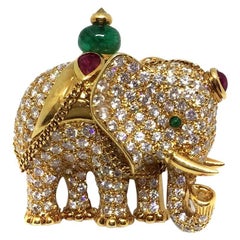 Retro Diamond Emerald Ruby Gold Elephant Brooch