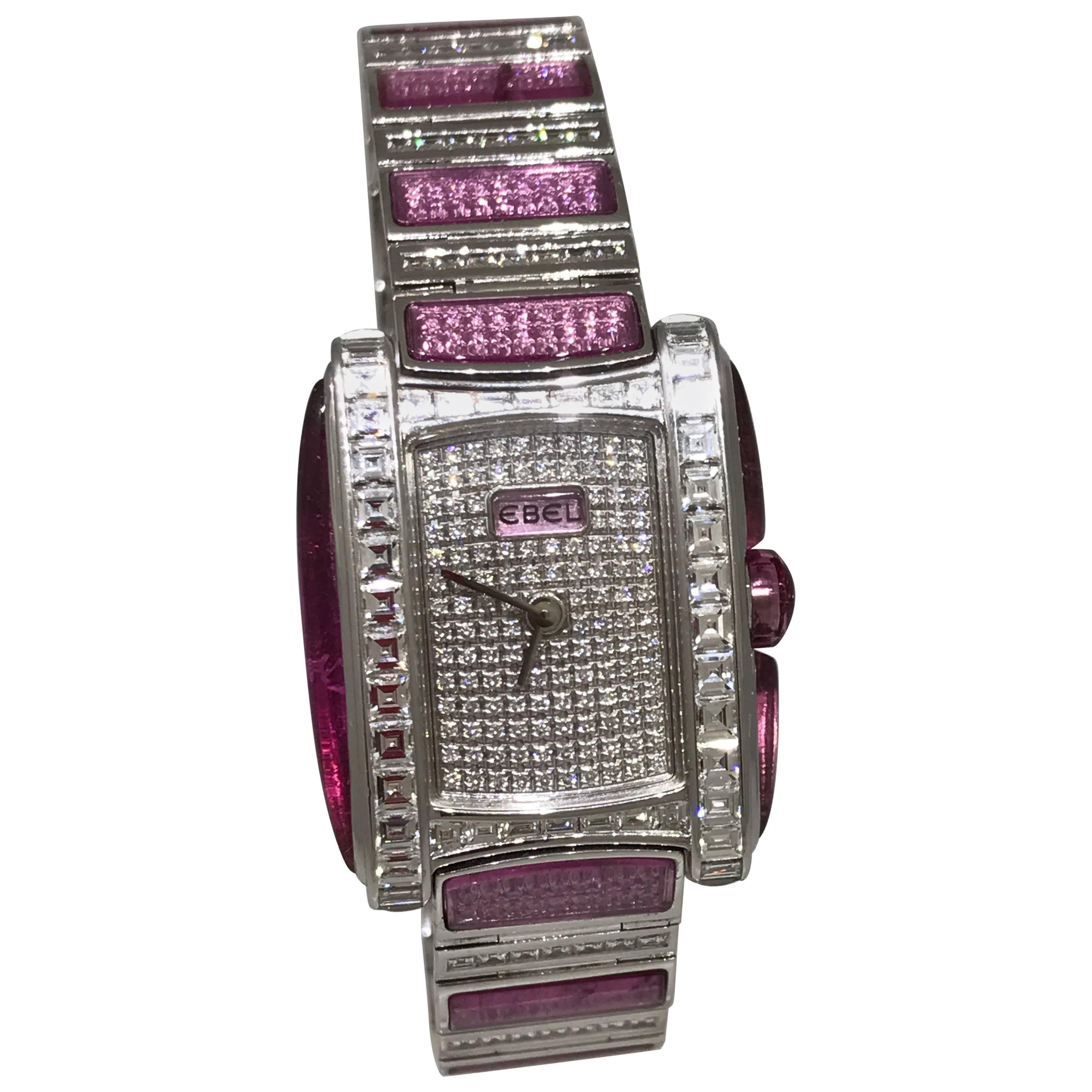 Ebel Vanua White Gold & Pave Pink and White Diamond Case & Bracelet Lady's Watch For Sale