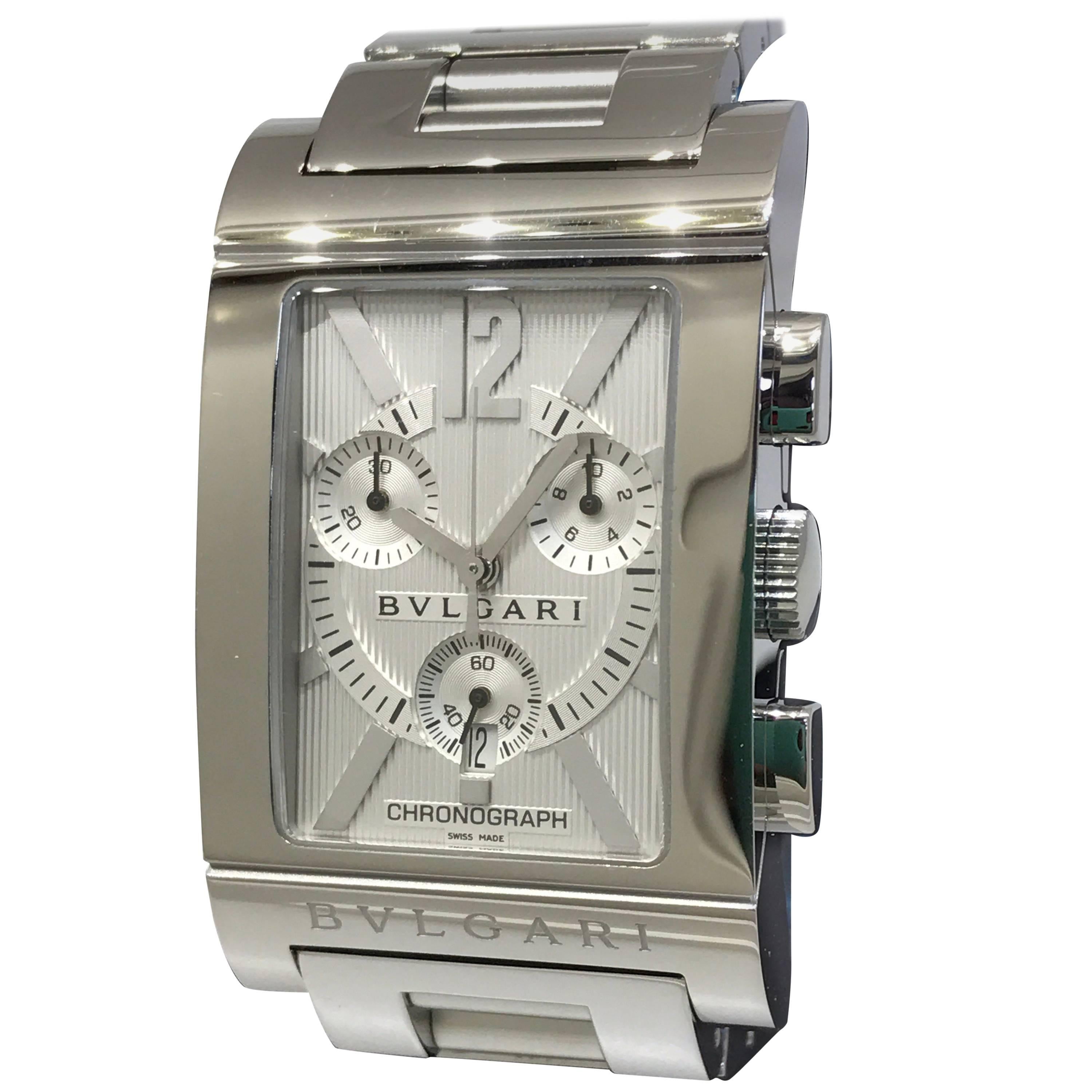 Bulgari Rettangolo Stainless Steel Silver Dial Chronograph Bracelet Men's Watch For Sale