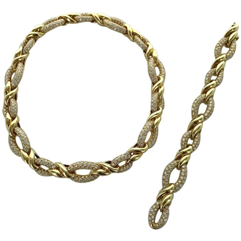 1970s Diamond and Yellow Gold Necklace Bracelet Set