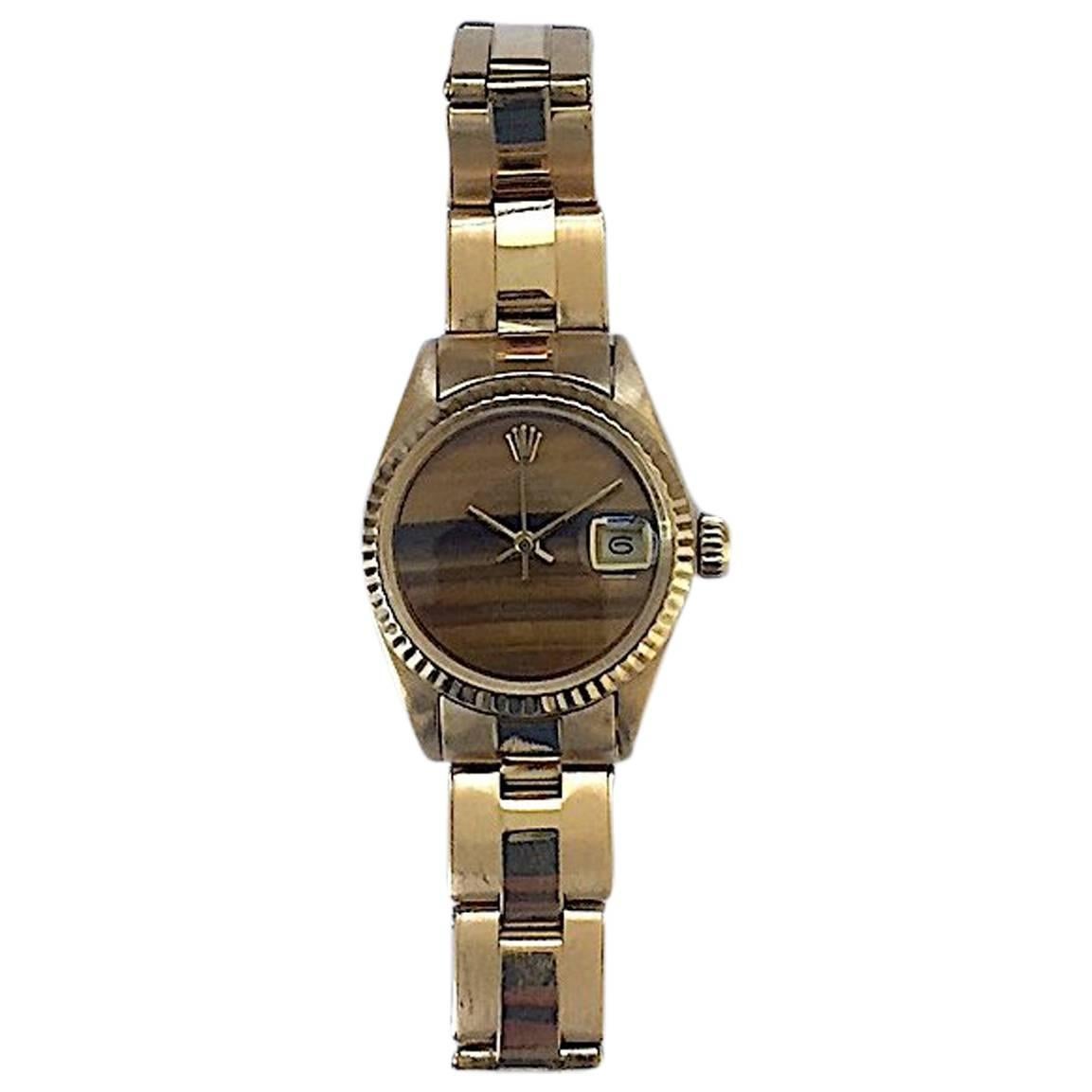 Rolex Ladies 18K Yellow Gold Tiger's Eye Datejust Automatic Wristwatch, 1970's