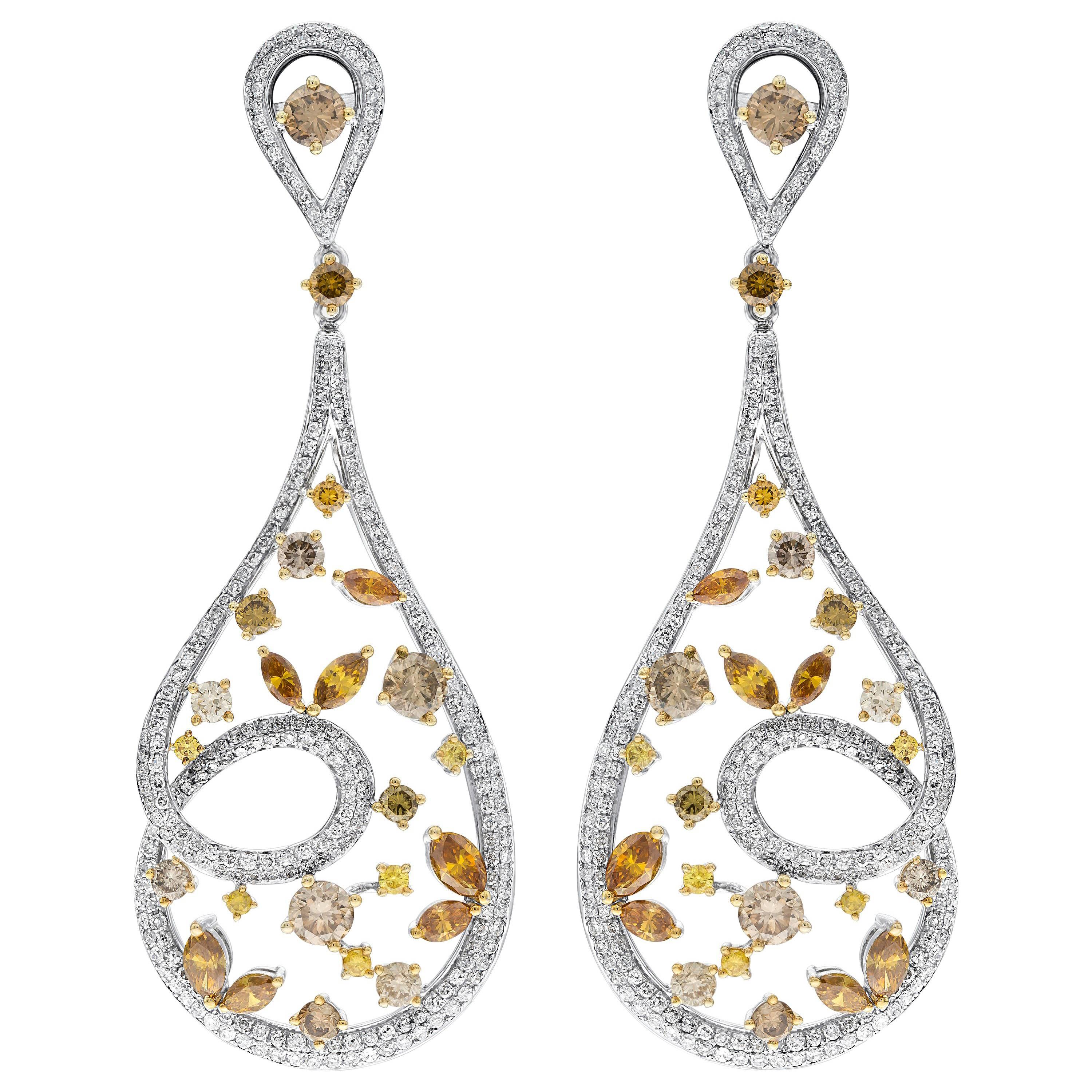 IGR 8.01 Carat White and Colored Round Diamond Drop Earrings in 18 Karat Gold For Sale