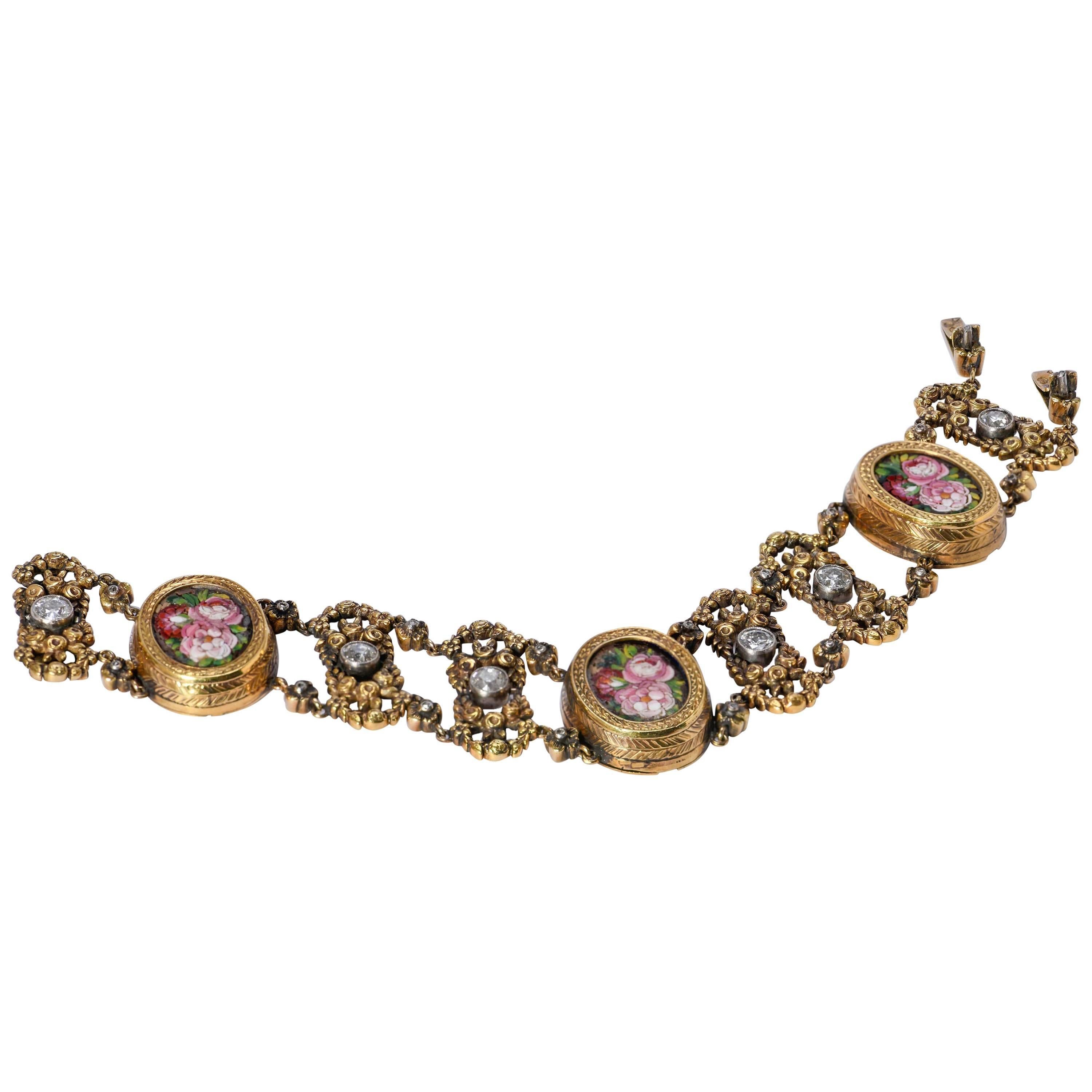 Early 20th Century 18 Karat Yellow Gold and Platinum French Micromosaic Bracelet