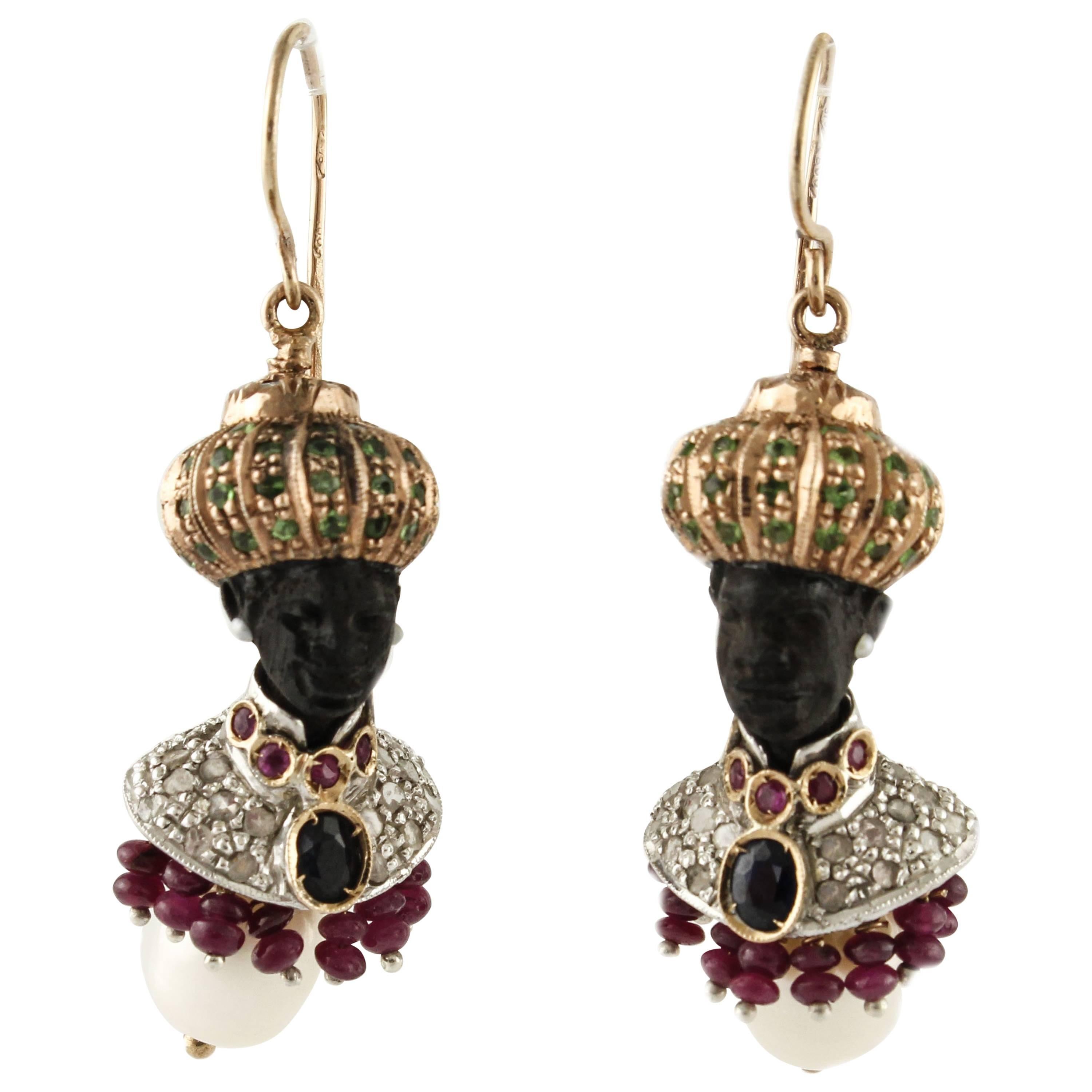 Earrings in Gold, Silver, Precious Stones, Tsavorite, Pearl Diamond and Ebony