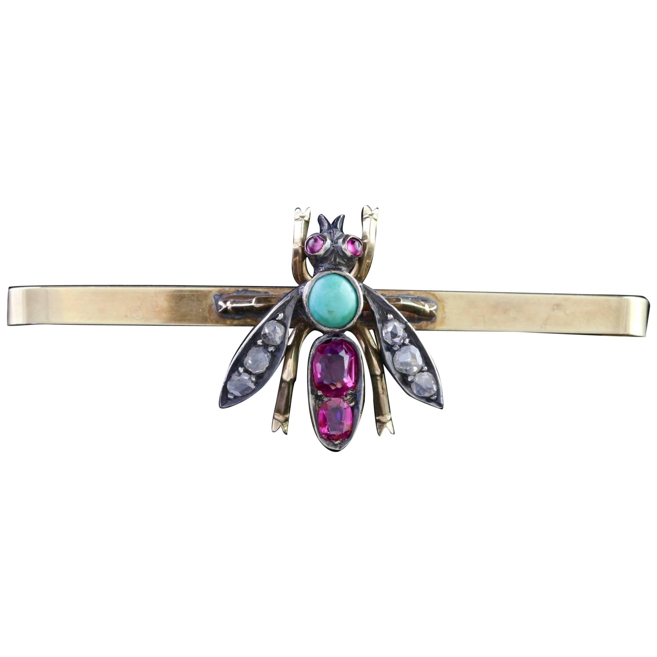 Antique Victorian Insect Brooch Diamond Ruby Turquoise, circa 1900 For Sale