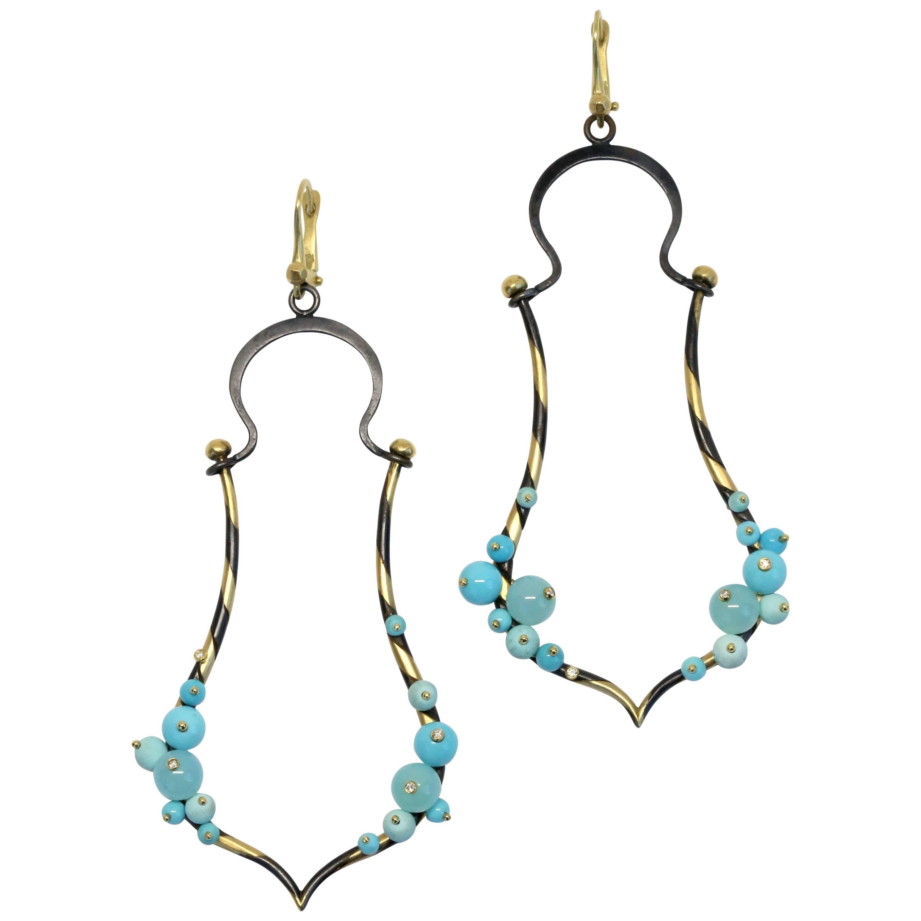 Turquoise and Gold Earrings with Embellished Diamond Accents For Sale