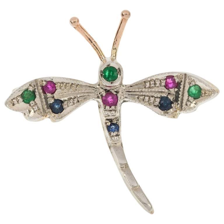 Handcrafted Italian 9 Carat Gold Emerald Ruby and Sapphire Dragonfly Brooch For Sale