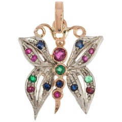 Handcrafted Italian Rose Gold Ruby Emerald and Sapphire Butterfly Pendant