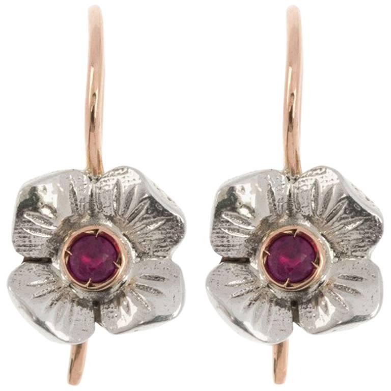 Handcrafted Italian Rose Gold 0.15 Carat Ruby Floral Drop Earrings
