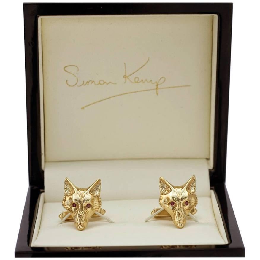 Solid 9 Carat Gold Fox Head Cufflinks with Ruby Eyes For Sale