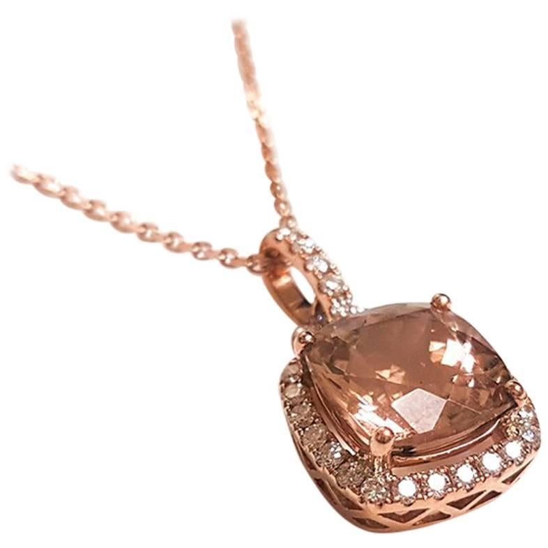 Ladies 14 Karat Rose Gold Peachy Morganite and Diamonds Pendant For Sale