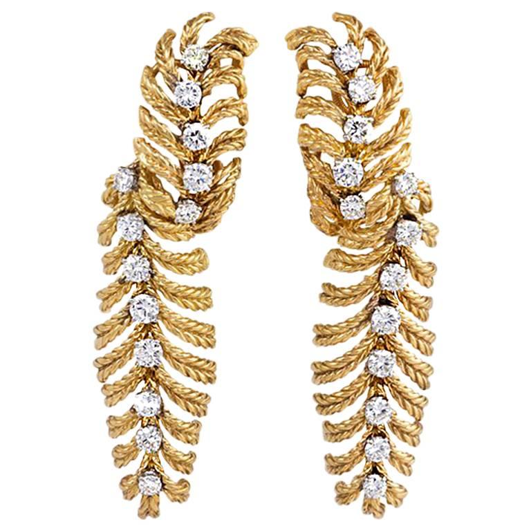 1950s Boucheron Gold and Diamond Stylized Feather Design Earrings
