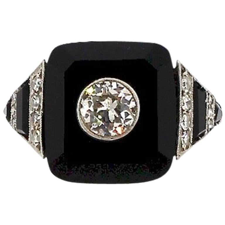 Art Deco Tablet Cut Onyx Diamond Platinum Ring
